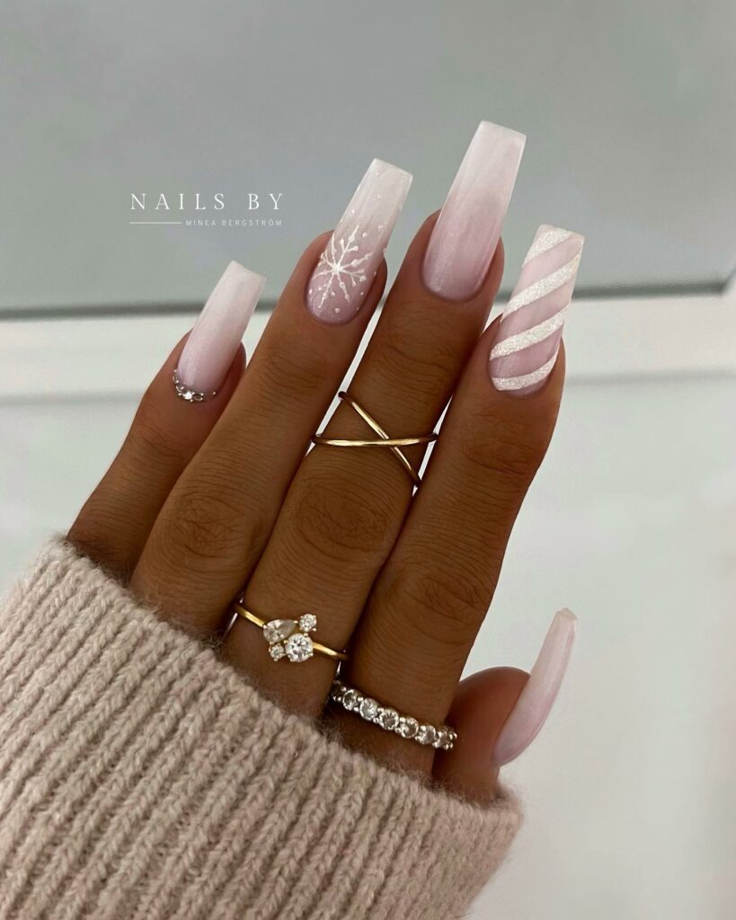 Celebrate with 30 Christmas Coffin Nail Ideas in 2024 32 Sheer Pink and White Christmas Coffin Nails