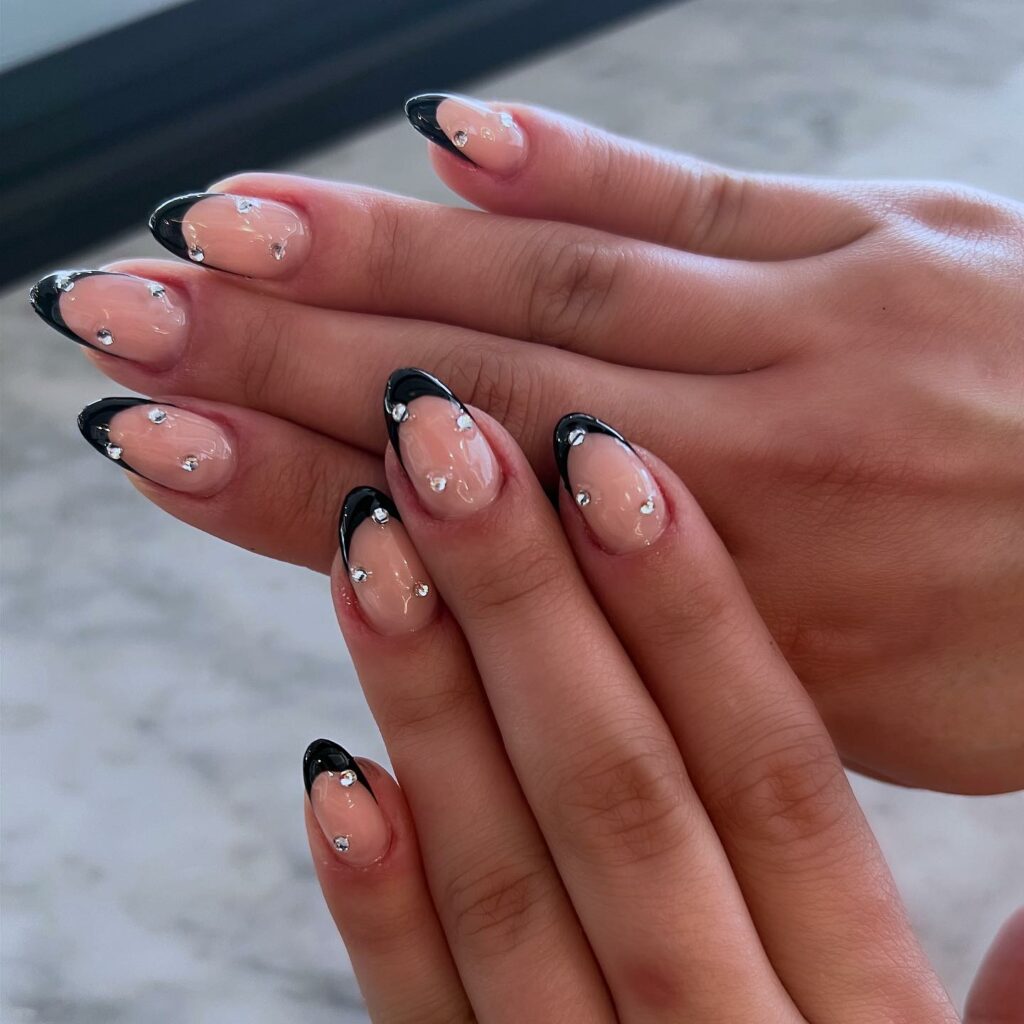 22 Latest Short Black French Tip Nail Ideas To Try In 2024! 15 Short Black French Nails Adorned with Pearls