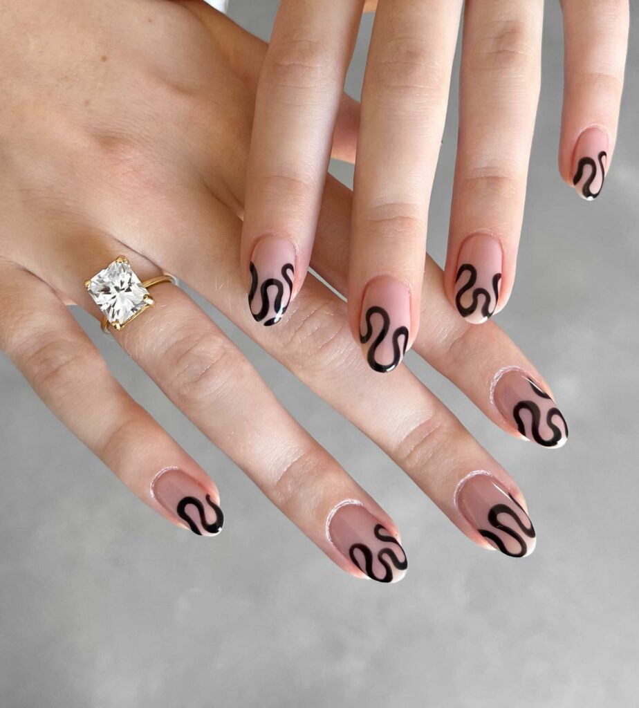 22 Latest Short Black French Tip Nail Ideas To Try In 2024! 30 Short Black French Nails with Whimsical Wavy Accents