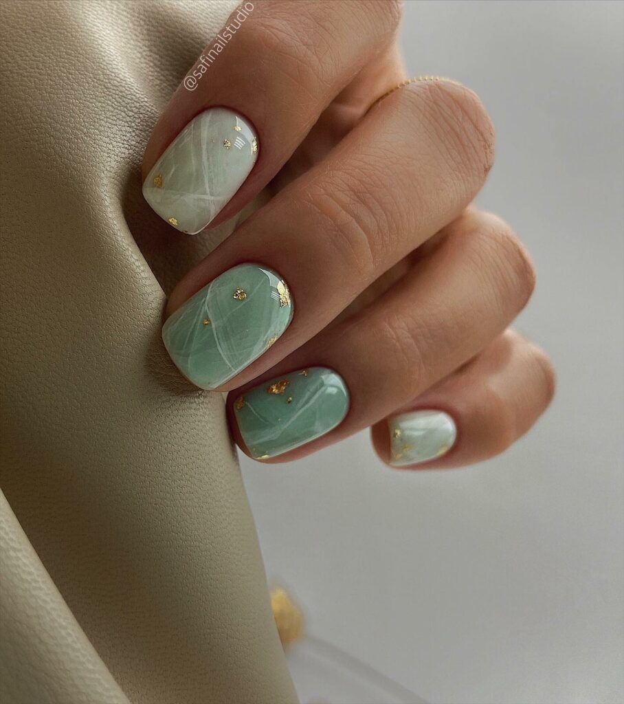30 Latest Mint Green Nail Ideas To Try Today! 13 Delicate Short Mint Green Nails with Gold Foils