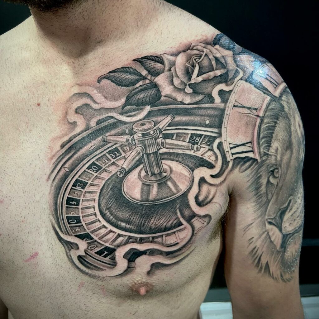 10+ Gambling Tattoo Ideas That Will Blow Your Mind! 15 Shoulder And Chest Roulette Wheel Gambling Tattoos