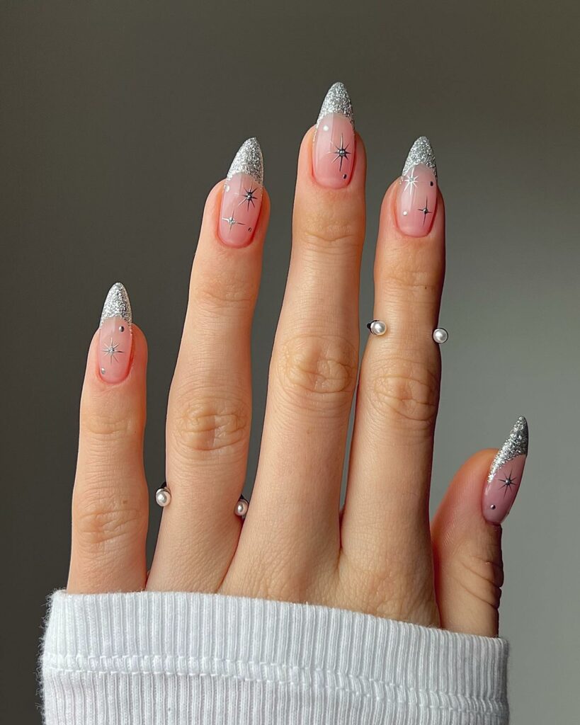 20 Latest Silver French Nail Ideas To Try In 2024! 14 Silver French Nails with a Stellar Accent