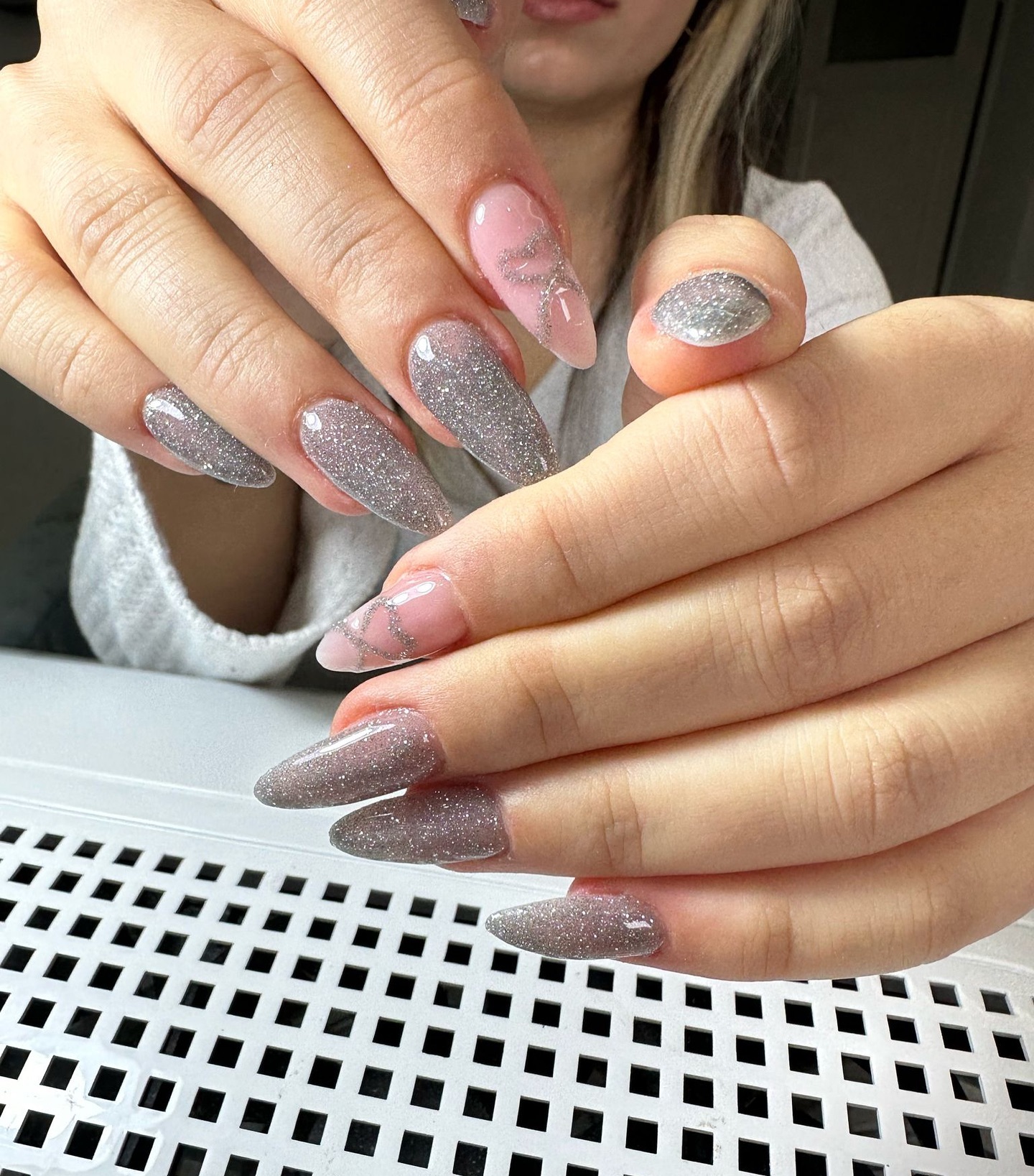 30 Latest Almond Nail Designs To Try in 2024! ⭐ 14 Silver Glitter Ombre with Pink Elegance