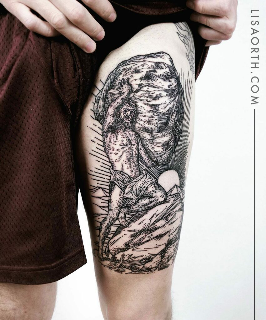 10+ Thigh Tattoo For Men Ideas That Will Blow Your Mind! 15 Sisyphus Thigh Tattoo For Men