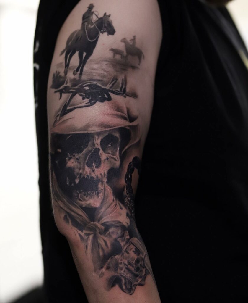 12+ Western Tattoo Sleeve Ideas To Inspire You! 16 Skeleton Cowboy Tattoo Western Sleeve Design