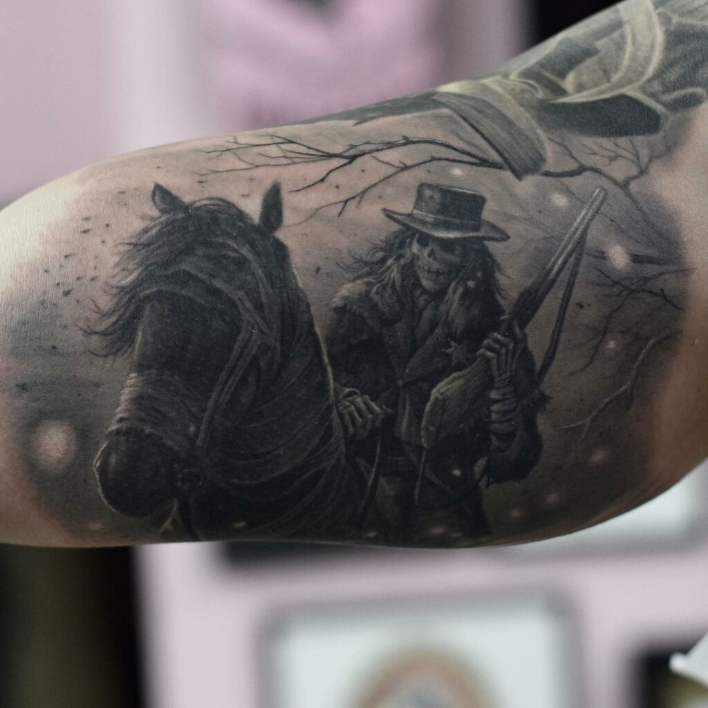 14+ Western Tattoo Ideas To Inspire You! 17 Skeleton Sheriff Tattoo