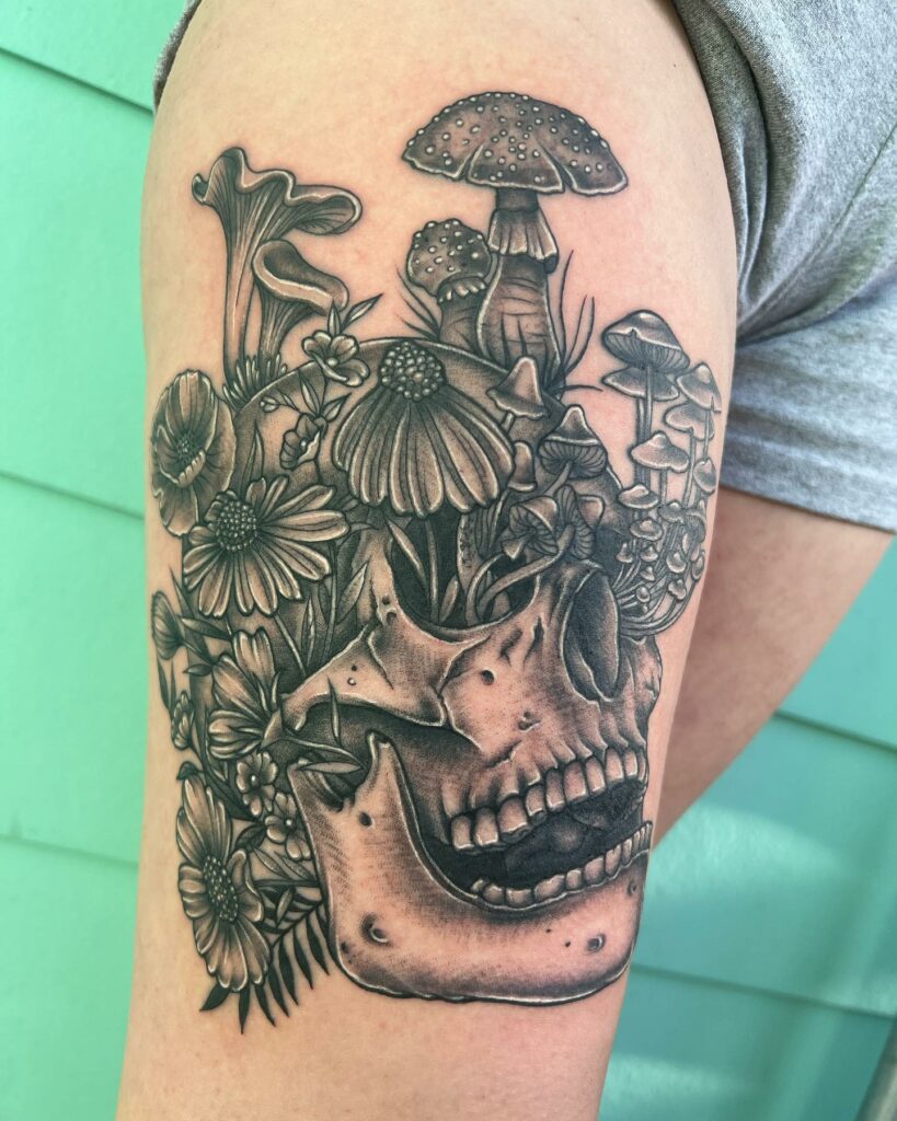 11+ Flower Thigh Tattoo Ideas That Will Blow Your Mind! 17 Skull And Flower Inner Thigh Tattoo Designs