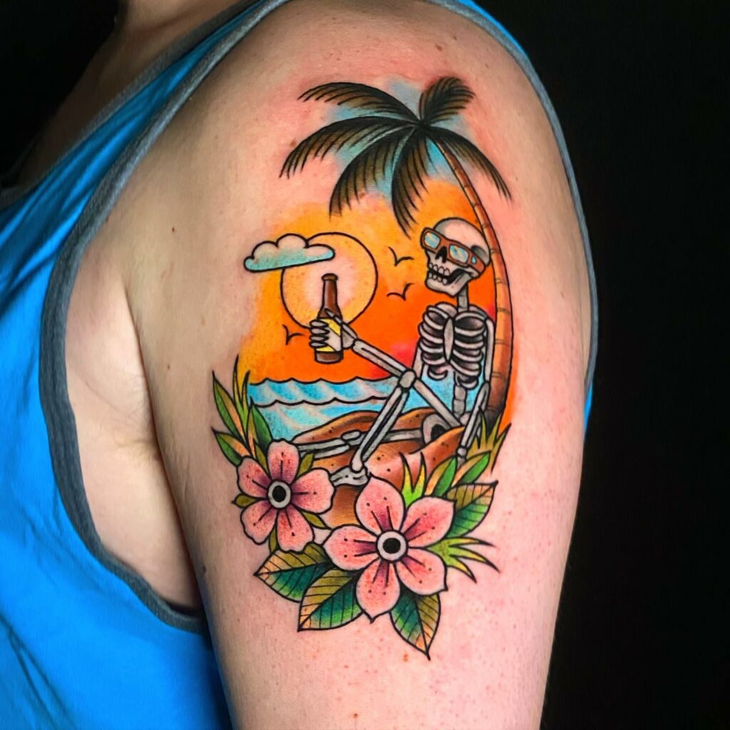 11+ Traditional Beach Tattoo Ideas That Will Blow Your Mind! 14 Skull Beach Tattoo ideas