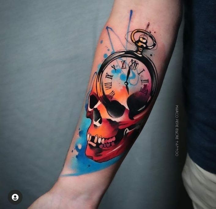 21+Clock Tattoo Ideas To Inspire You! 15 Skull Clock Tattoo