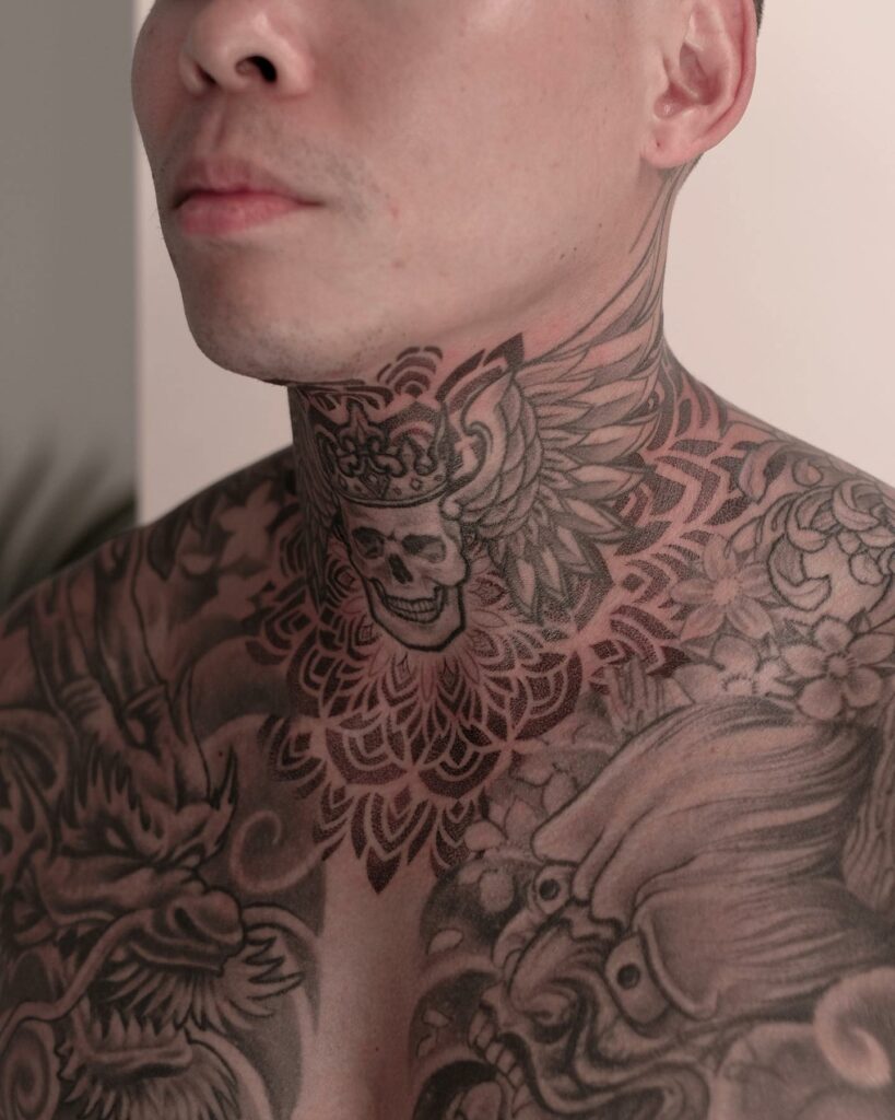 12+ Neck Sleeve Tattoo Ideas To Inspire You! 11 Skull Crown Neck Tattoo Designs