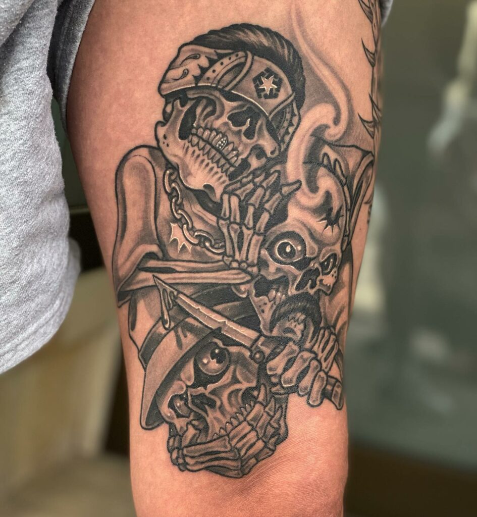 10+ Chicano Tattoo Lettering Ideas That Will Blow Your Mind 17 Skull Tattoo in Chicano Style