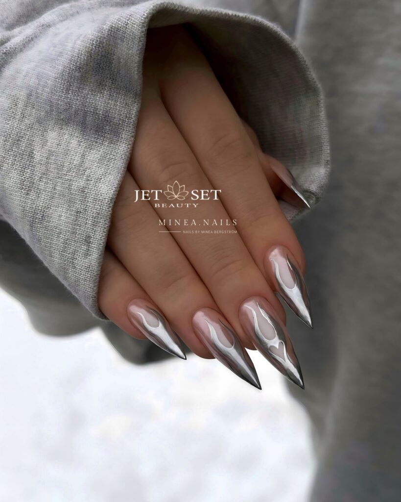 20 Latest Silver French Nail Ideas To Try In 2024! 15 Sleek Flame Chrome Silver French Nails