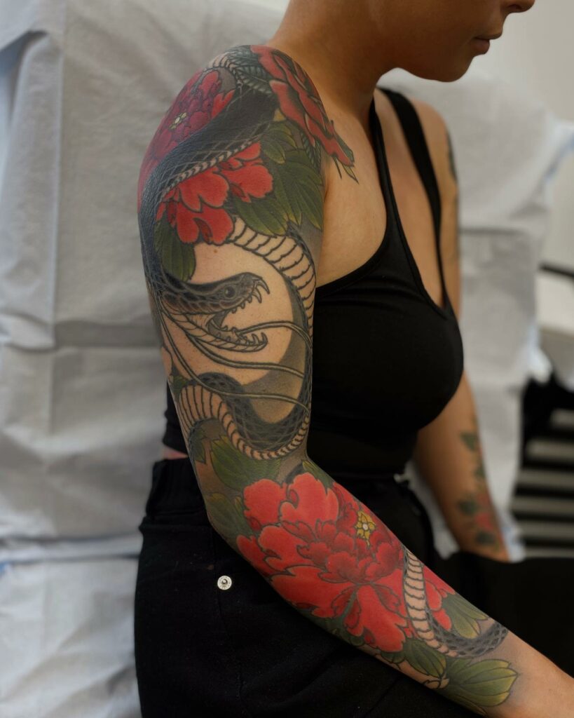 11+ Snake Flower Tattoo Ideas That Will Blow Your Mind! 16 Snake And Peonies Sleeve Tattoo Ideas