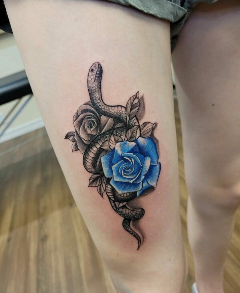 22+ Leg Tattoo For Women That Will Blow Your Mind! 16 Snake And Rose Leg Tattoos
