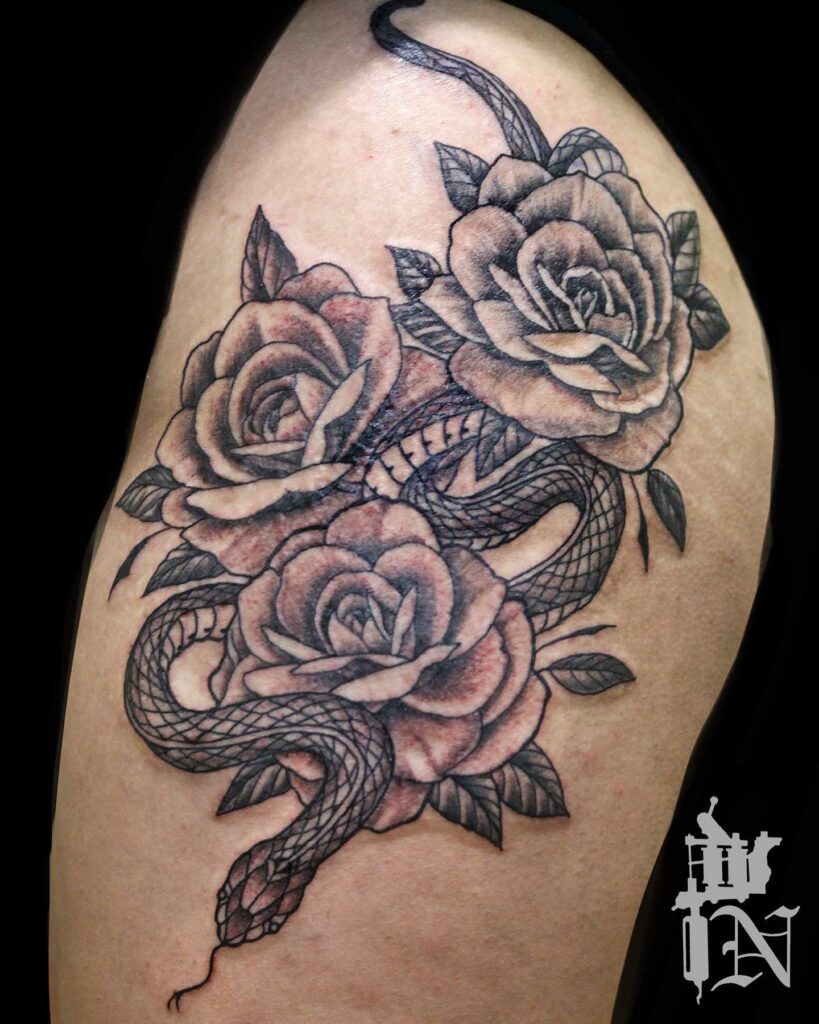 12+ Snake Thigh Tattoo Ideas To Inspire You! 13 Snake And Rose Tattoo With Deep Meanings