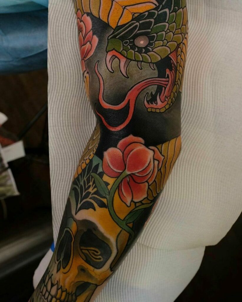 14+ Tattoo Styles Sleeve Ideas That Will Blow Your Mind! 17 Snake And Skull Sleeve Tattoo