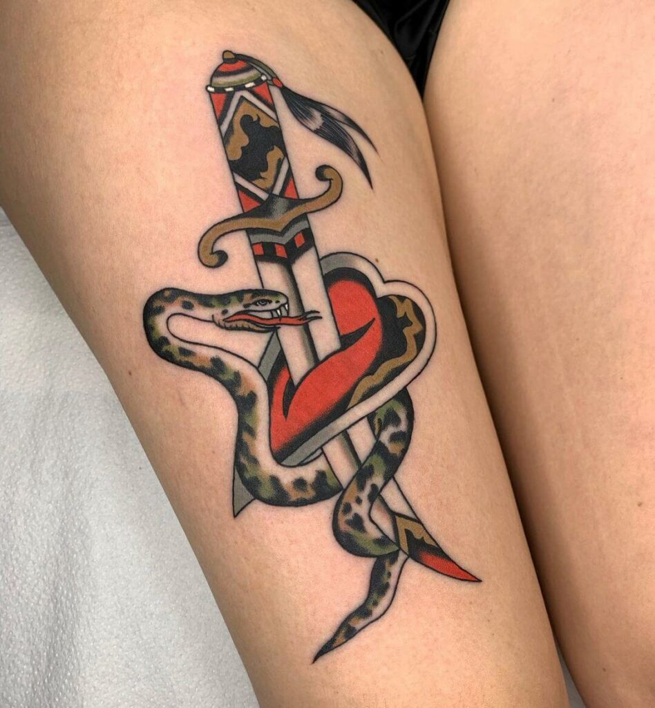 12+ American Traditional Dagger Tattoo Ideas That Will Blow Your Mind! 17 Snake Dagger Tattoo