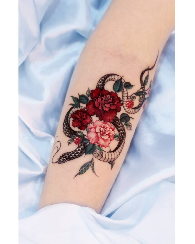 11+ Snake Flower Tattoo Ideas That Will Blow Your Mind! 19 Snake With Rose Tattoo Design