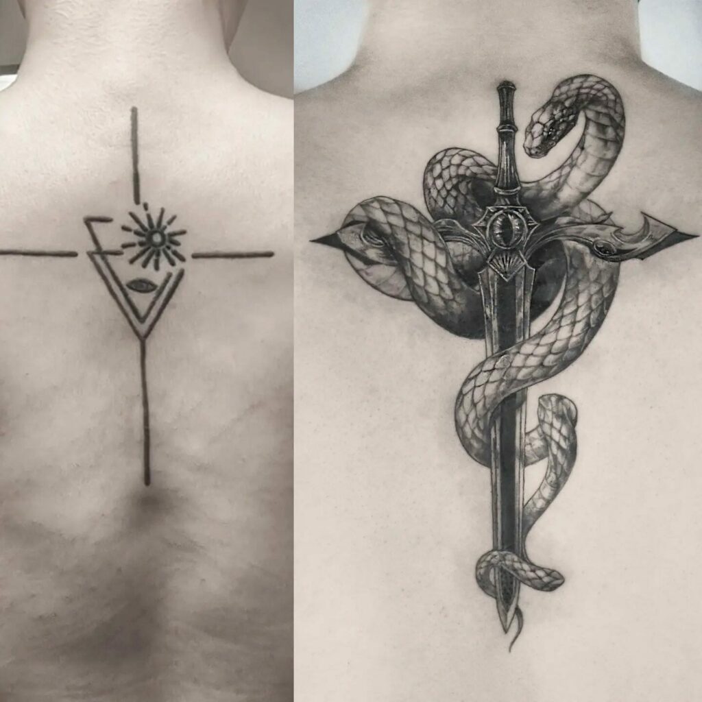 11+ Simple Black Tattoo Cover-up Ideas That Will Blow Your Mind! 16 Snake X Sword Previous Tattoo Cover-Up Work