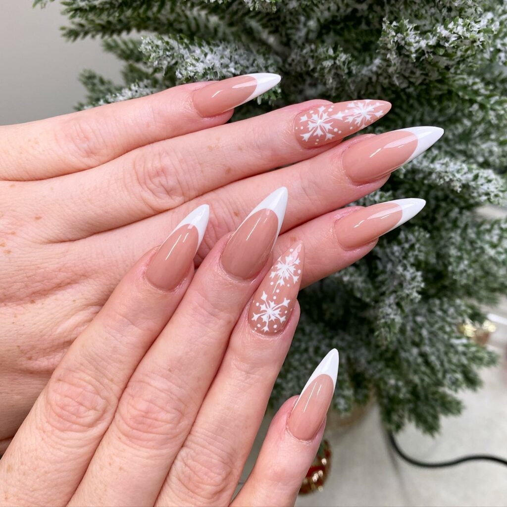 Get Festive with 20 Stiletto Christmas Nail Ideas in 2024 23 White Snowflake Christmas French Nails