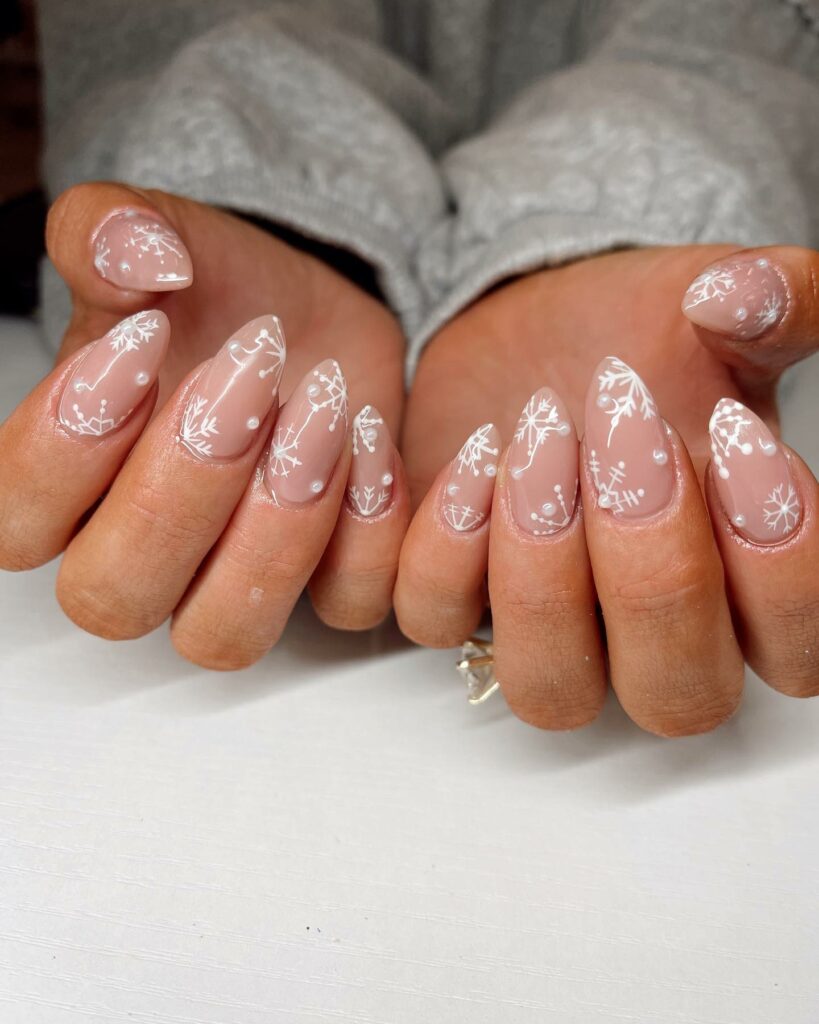 44 Latest Snowflake Nail Ideas To Try In 2024! 31 Elegant Snowflake Nails Adorned with Pearls