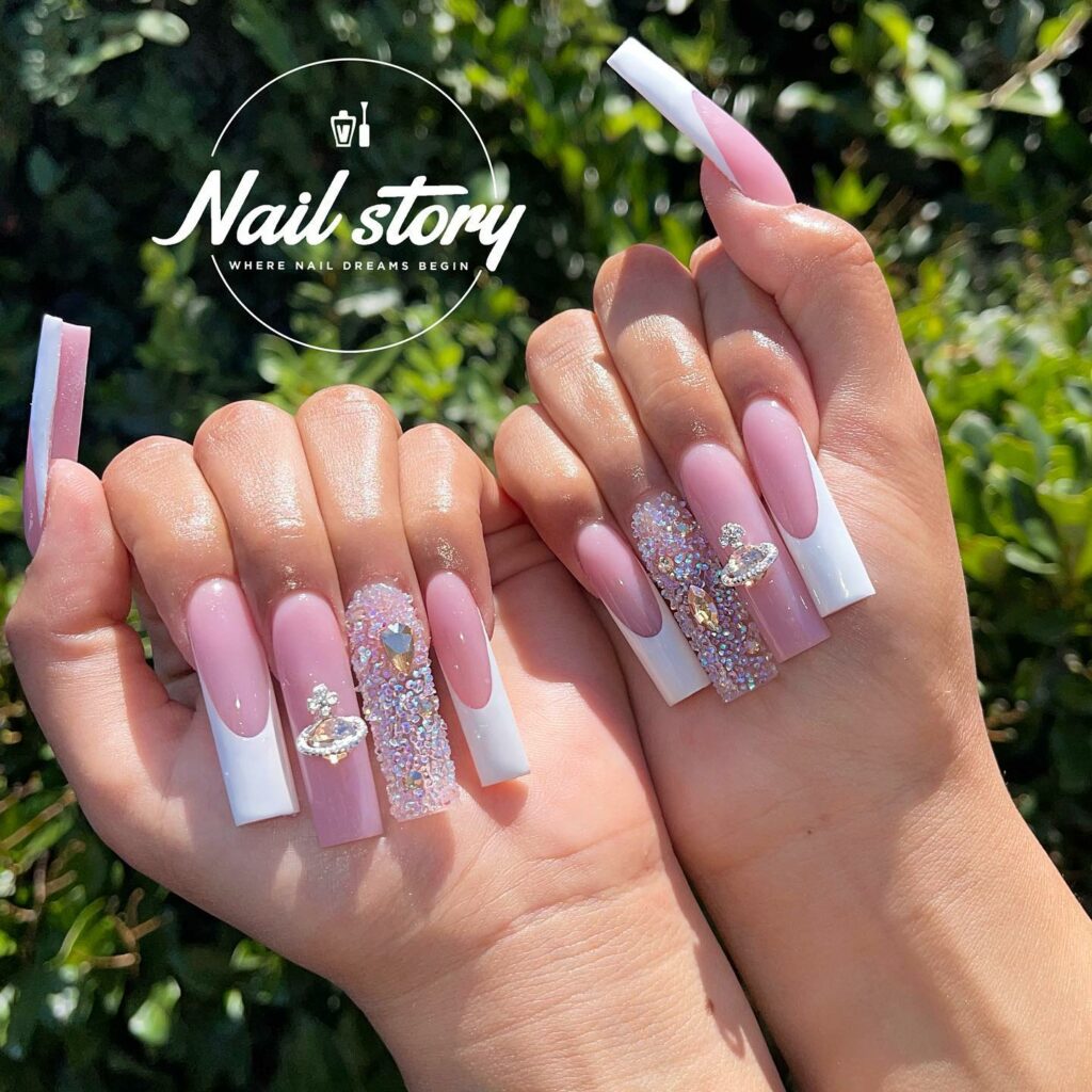29 Latest Long Square Acrylic Nail Designs To Try In 2024! 15 Soft Pink Square Acrylics Enhanced with Gem Sparkle