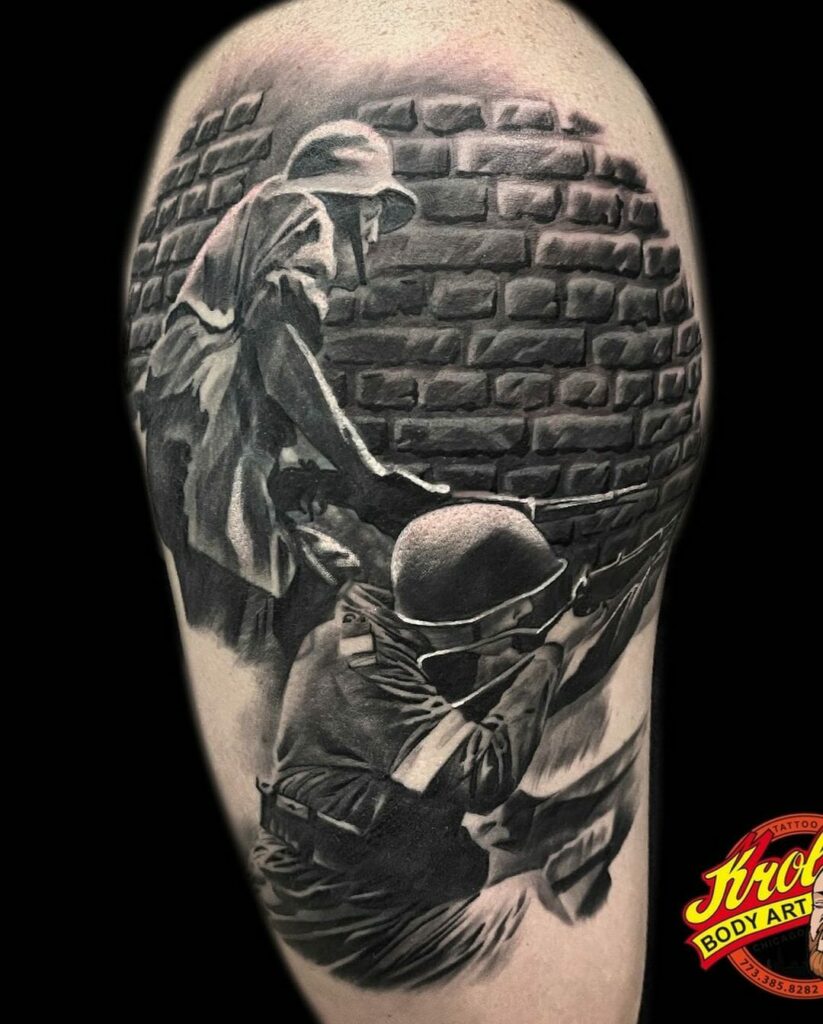 11+ Military Memorial Tattoo Ideas That Will Blow Your Mind! 11 Soldiers in Trenches Army memorial tattoo
