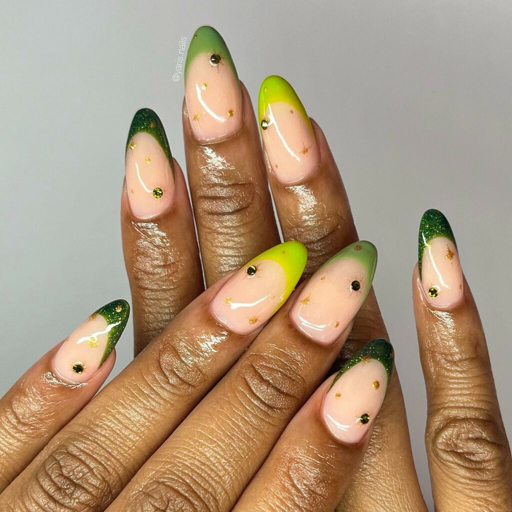 Try in 2024: 50 Latest Neon Green Nail Designs 57 Sparkle green french nails