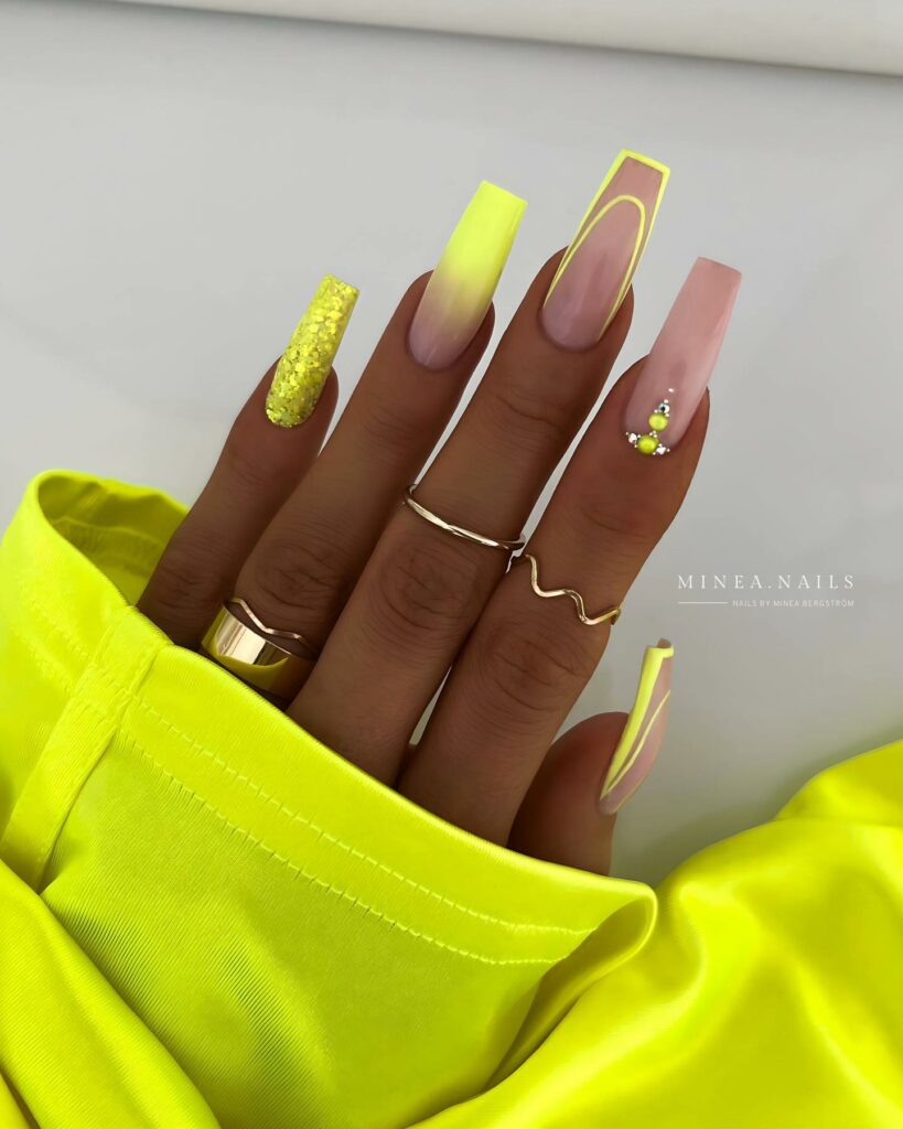 20 Latest Neon Yellow Nail Ideas To Try In 2024! 36 Neon Yellow Ombre Nails With Rhinestones