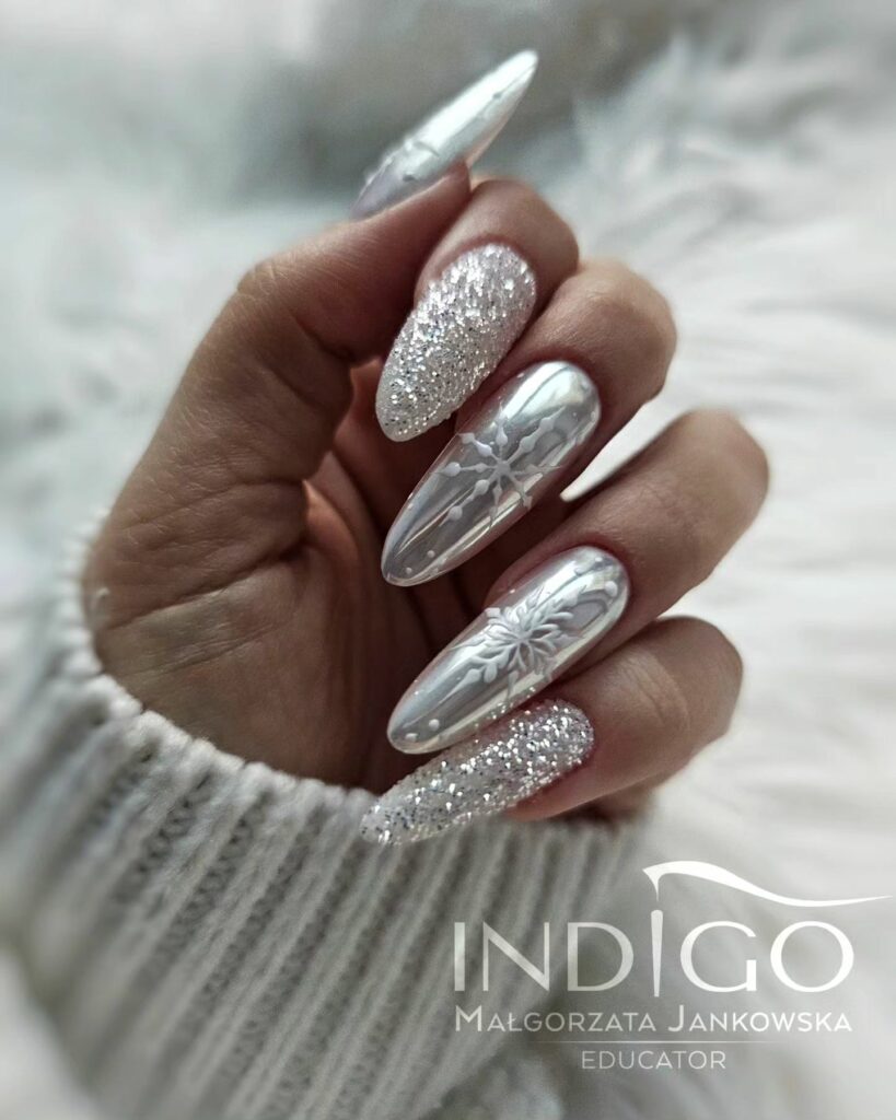Shine with 20 Silver Christmas Nail Ideas in 2024 10 Sparkling Almond Silver Christmas Nails