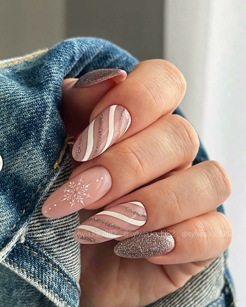 Celebrate with 30 Nude Christmas Nail Ideas in 2024 21 Sparkling Glitter Nude Christmas Nails