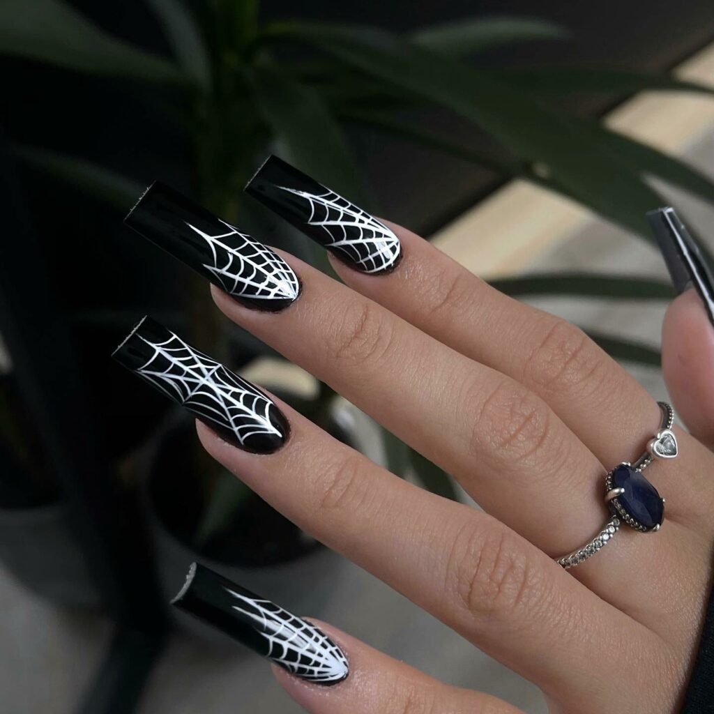 29 Latest Long Square Acrylic Nail Designs To Try In 2024! 19 Intricate Spiderweb Design on Jet Black