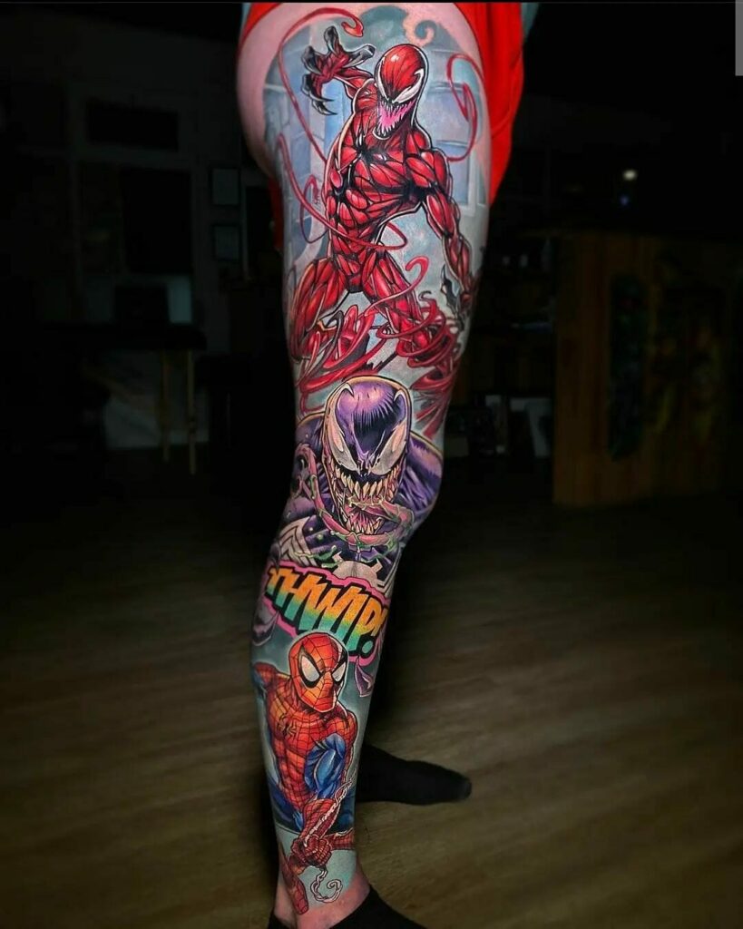 12+ Carnage Tattoo Ideas To Inspire You! 14 Spidey-Venom-Carnage Tattoo For Leg