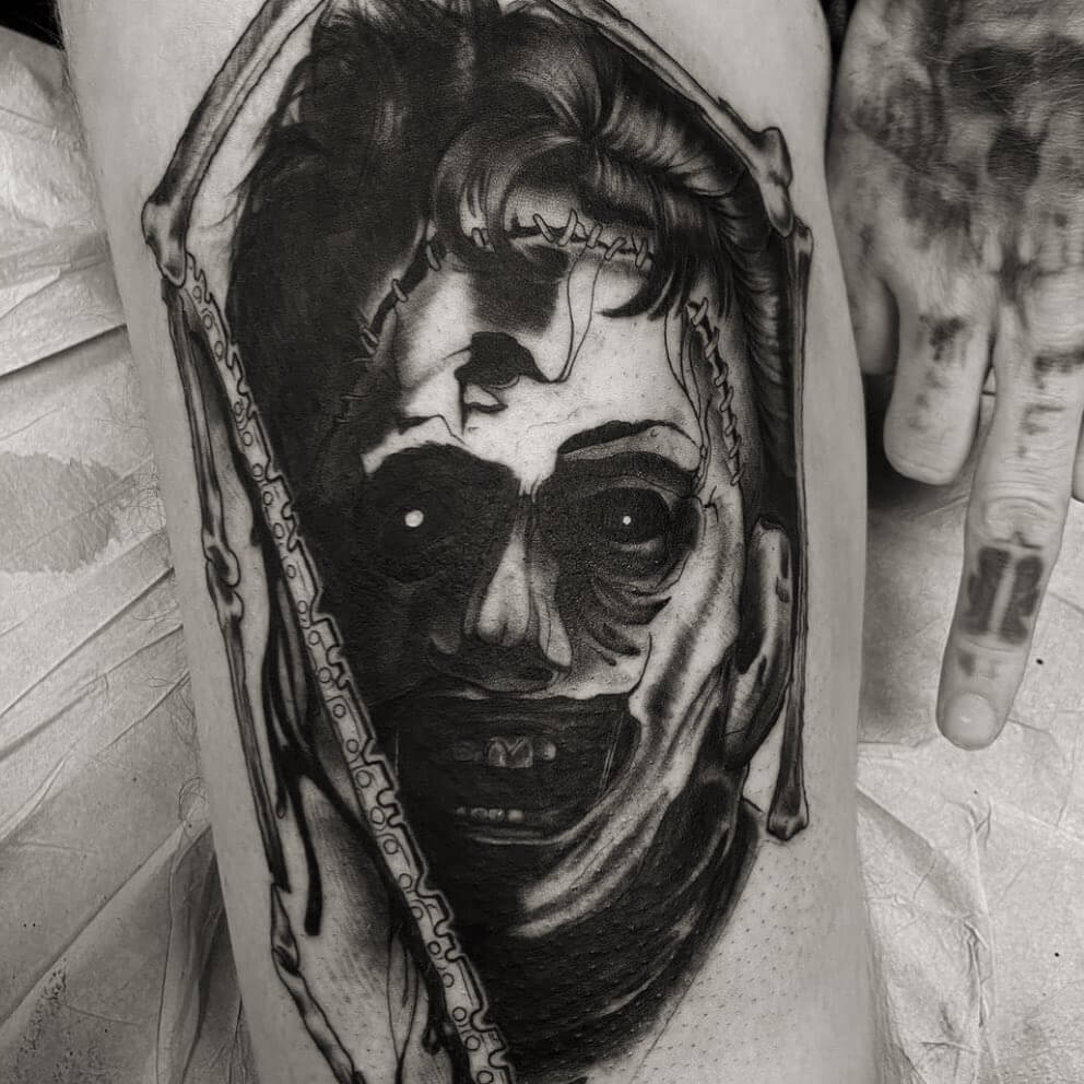 12+ Leatherface Tattoo Ideas To Inspire You! 19 Spooky Zoomed In Portrait