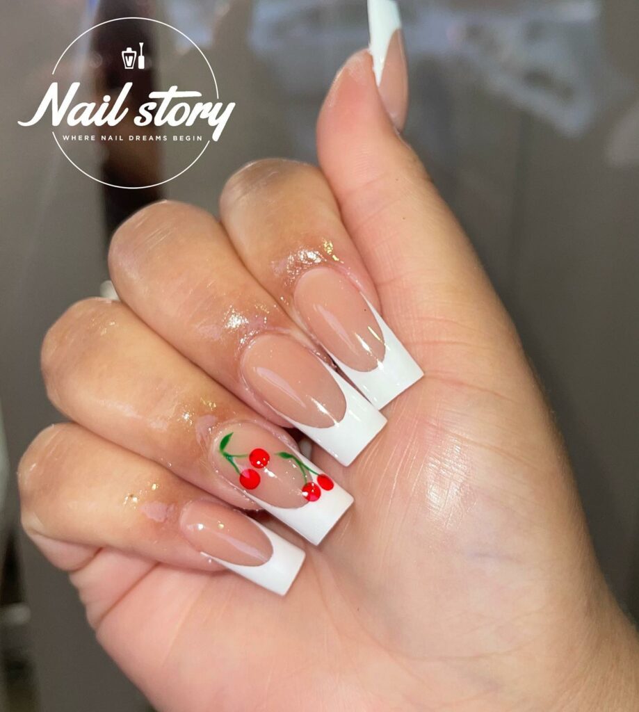 32 Latest Square French Nail Designs To Try In 2024! 40 Square French Nails With Cherry