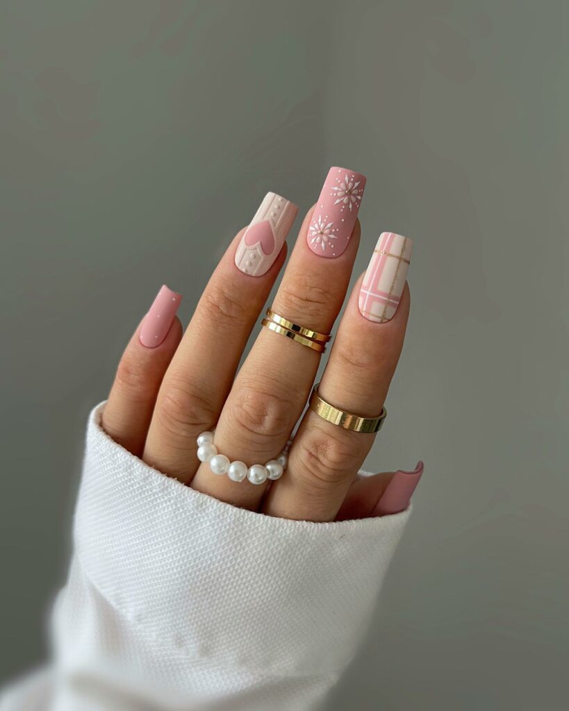 Get Merry with 30 Pink Christmas Nail Ideas in 2024 25 Square Pink Christmas Nails with Snowflakes