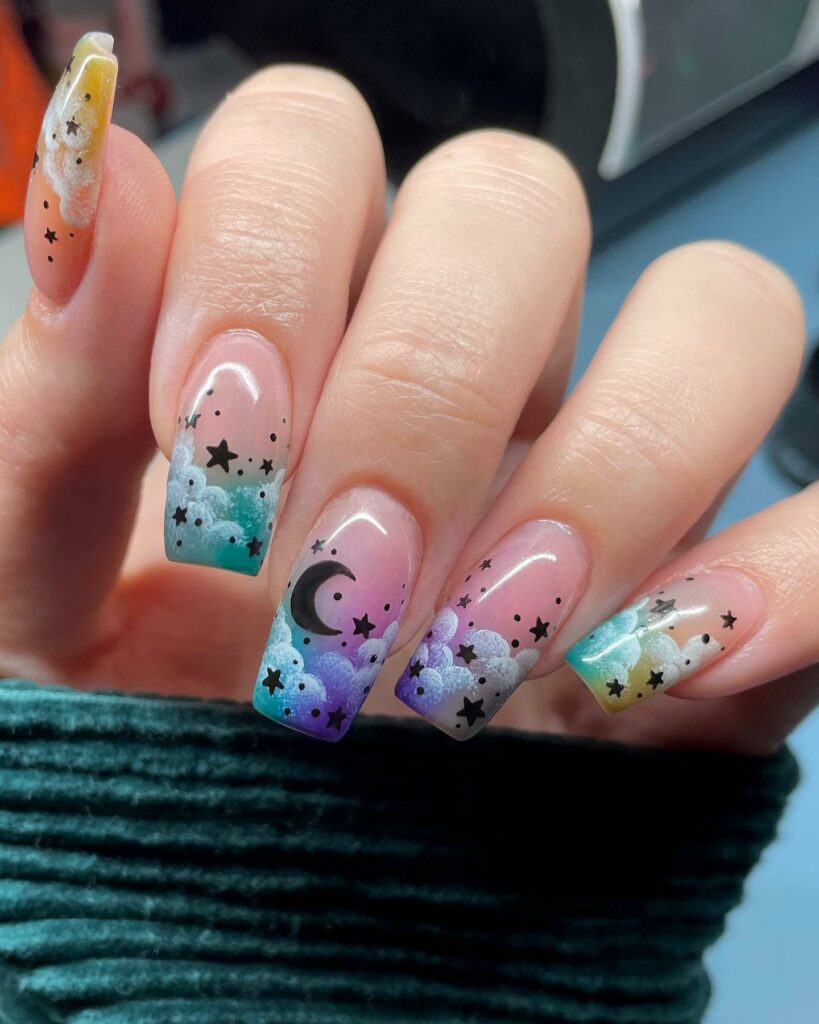 25 Latest Cloud Nails Designs To Try In 2024! 31 Starry Night Cloud Nails