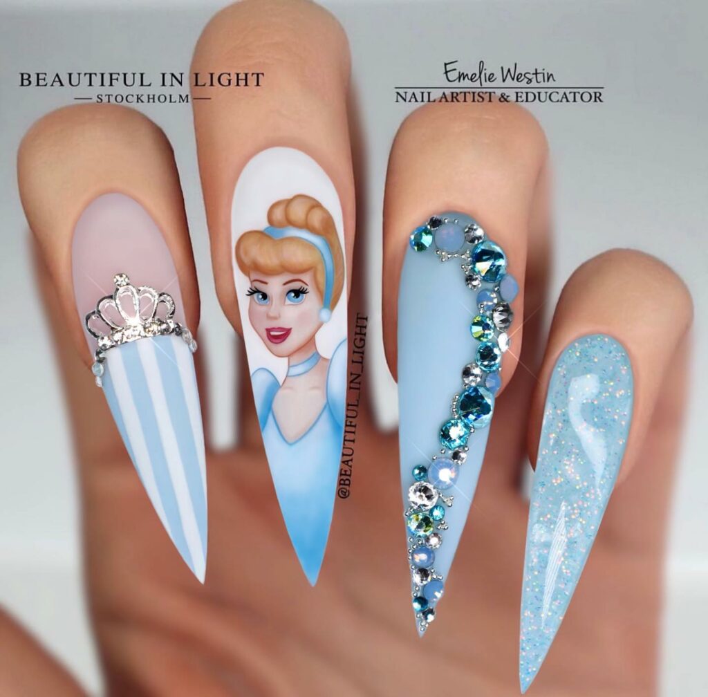 20 Latest Cinderella Nail Ideas To Try In 2024! 12 Stiletto Cinderella Inspired Nails Adorned with Gems