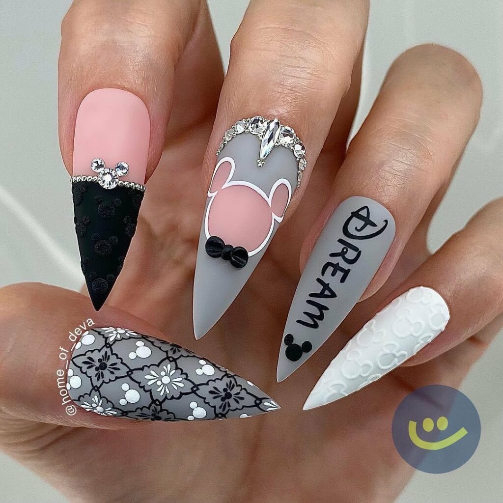Add Whimsy with 35 Mickey Mouse Nail Designs in 2024 25 Stiletto Grey Mickey Mouse Nails