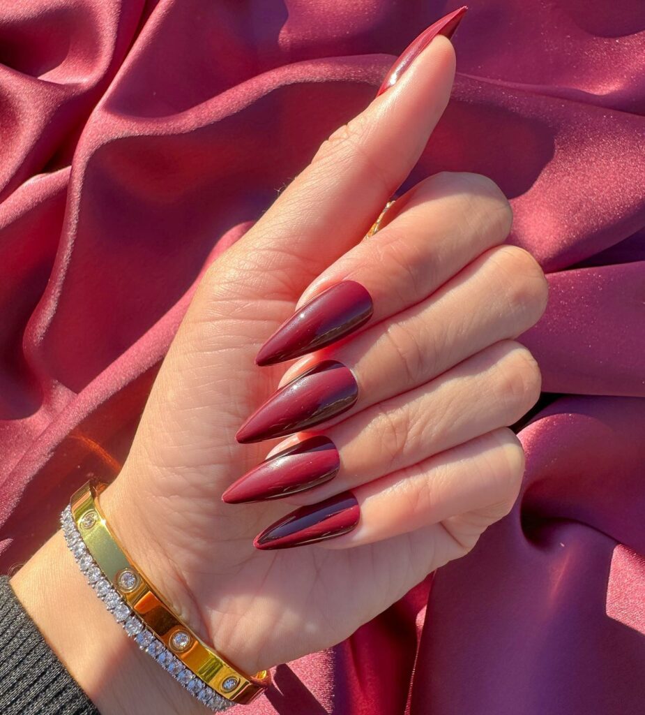 20 Latest Wine Color Nail Ideas To Try In 2024! 13 Sharp Stiletto Maroon Nails