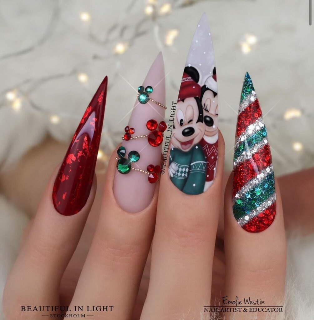 Immerse in Magic with 33 Disney Christmas Nail Ideas in 2024 13 Stiletto Mickey Mouse Disney Christmas Nails