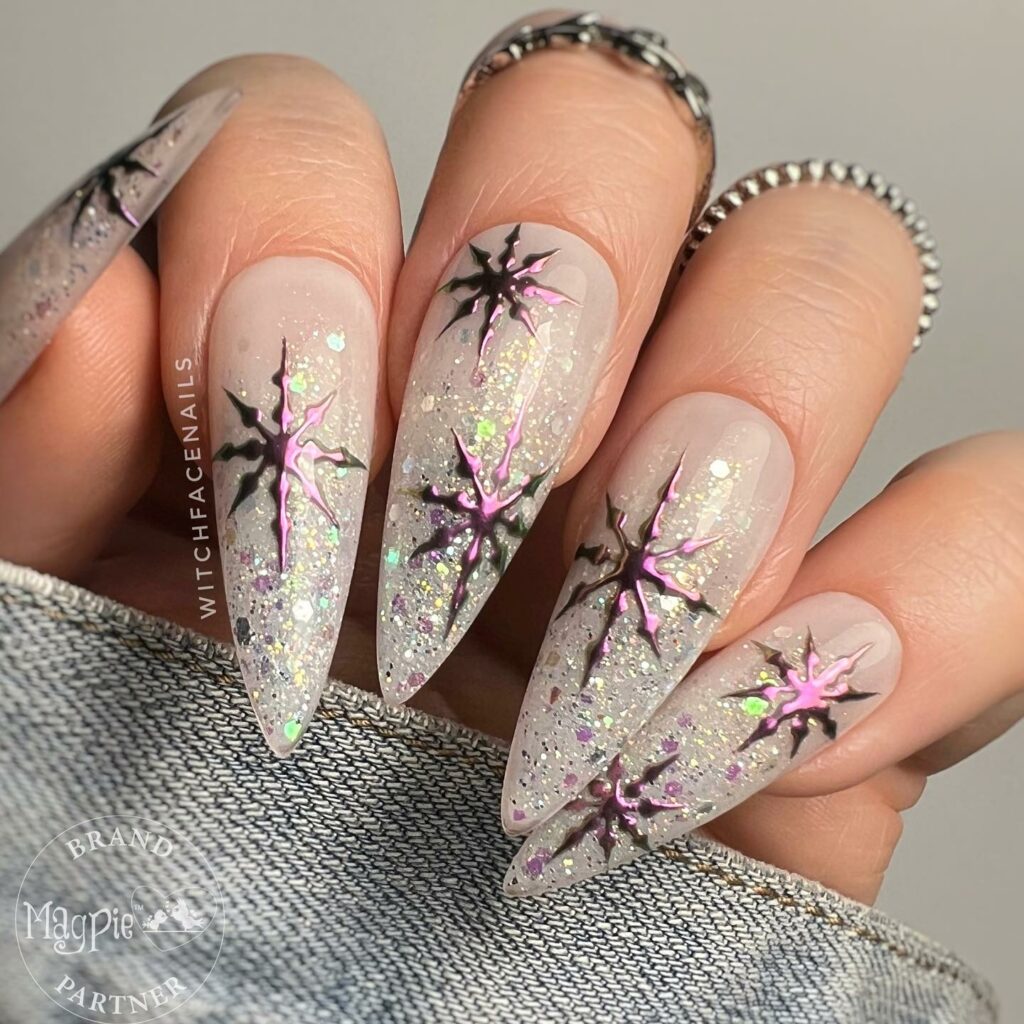 Celebrate with 40 Christmas Statement Nail Designs in 2024 34 Stiletto Snowflake Nails