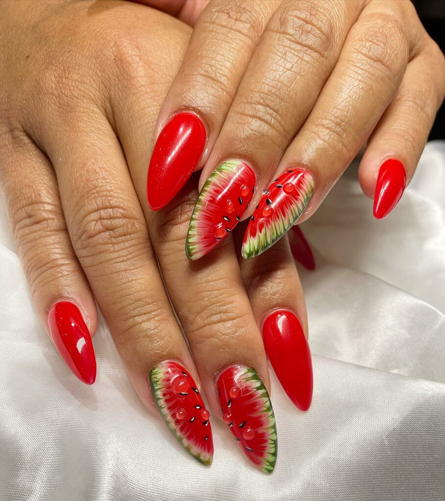 29 LATEST WATERMELON NAIL DESIGNS TO TRY IN 2024! 24 Stiletto Watermelon Nails Edge