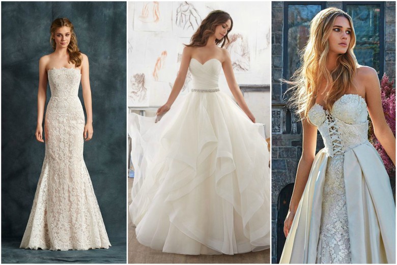 What to Wear Under a Wedding Dress 20 Three brides wearing strapless wedding dresses