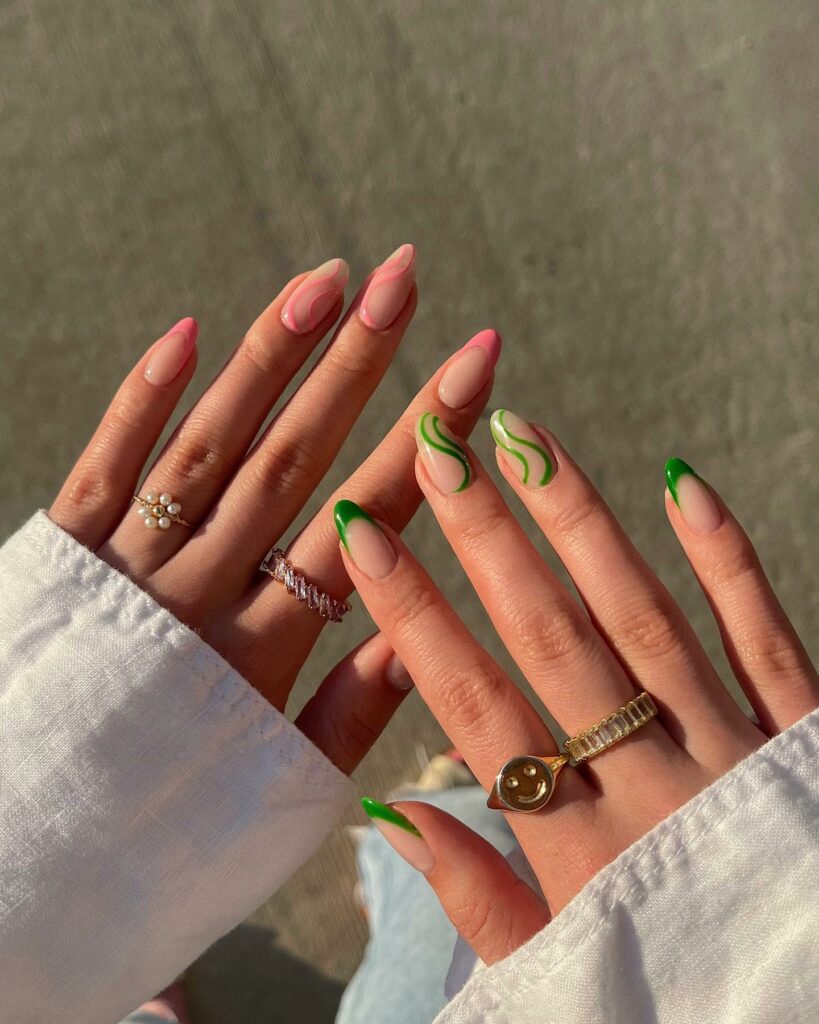 Try in 2024: 50 Latest Neon Green Nail Designs 56 Striped Elegance