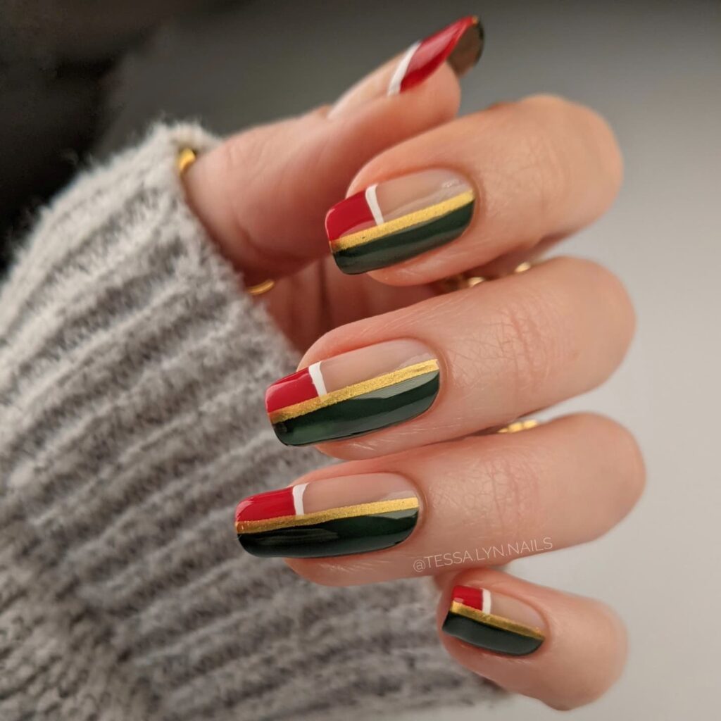 34 Latest Red and Gold Nail Designs To Try In 2024! 25 Stripes of Red, Green, and Gold Nails
