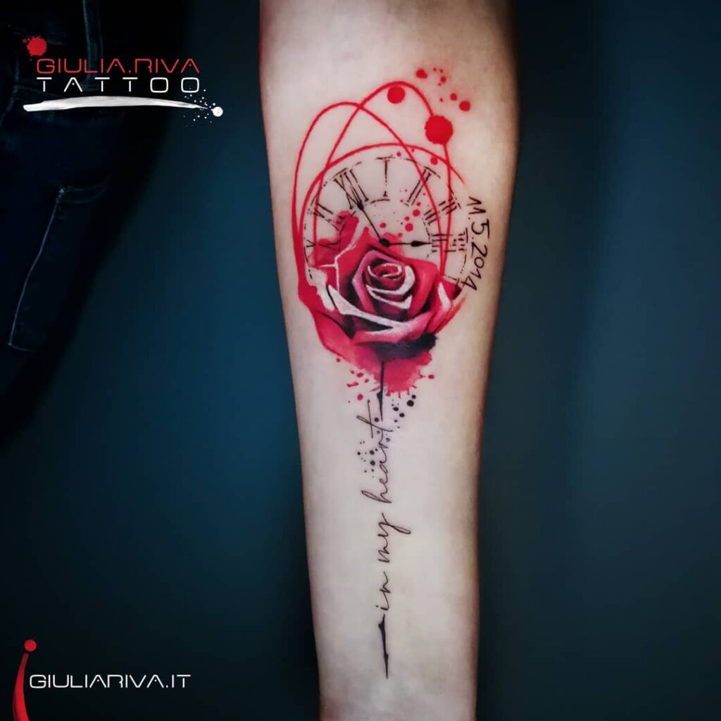 11+ Watercolor Tattoo Rose Ideas That Will Blow Your Mind! 16 Stunning Red Rose Tattoo With Clock Motif