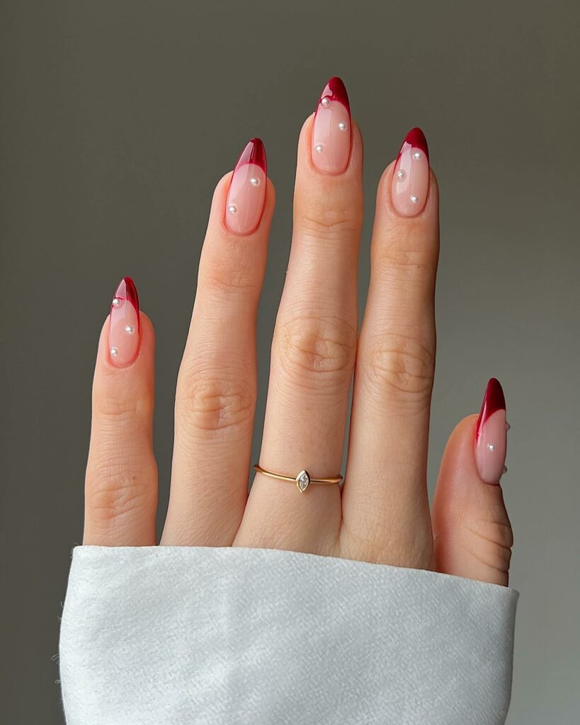 Feel Festive with 30 Christmas Almond Nail Ideas in 2024 38 Subtle Christmas French Nails with Pearls