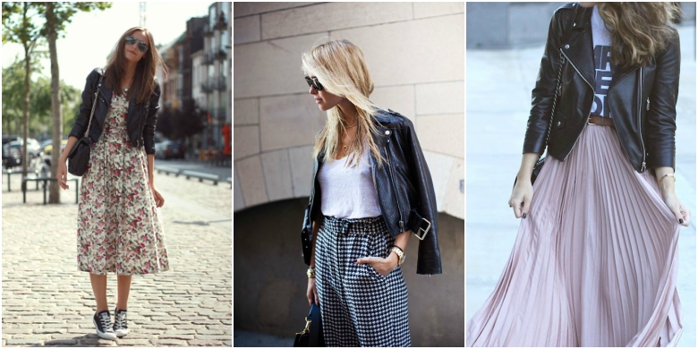 How to Wear a Leather Jacket All Year Round 21 Black leather jacket floral dress white t-shirt gingham trousers pleated maxi skirt