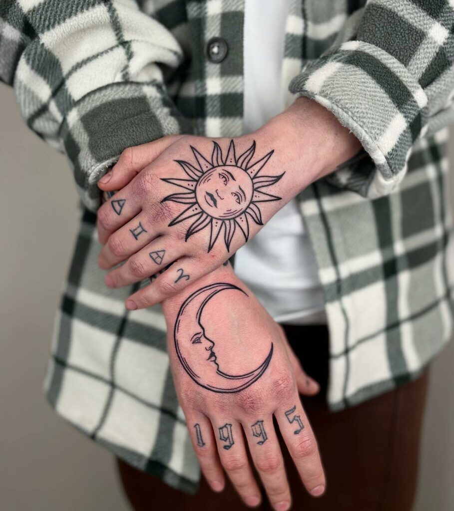 11+ Simple Sun And Moon Tattoo Ideas That Will Blow Your Mind! 18 Sun And Moon Back Of The Hand Tattoos